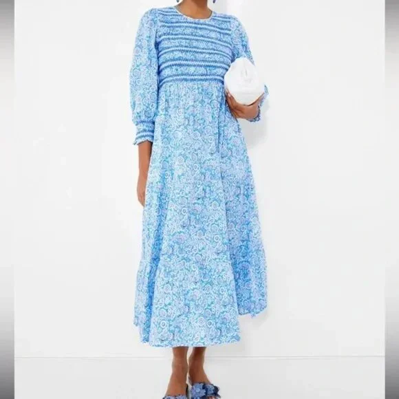 Tuckernuck Pink City Prints Isabel Ornate Sky Blue Smocked Midi Dress - Picture 2 of 16